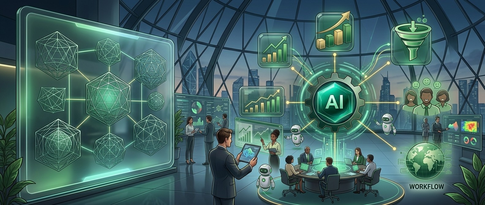 AI-powered business automation workspace with team collaboration, data visualization, and intelligent workflows